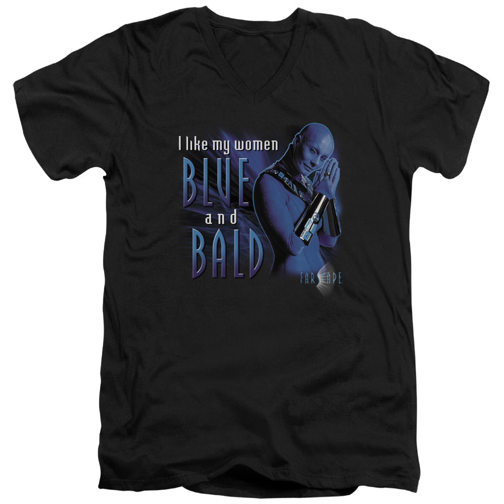 AN OFFCIALLY LICENSED FARSCAPE BLUE AND BALD MEN'S V-NECK T-SHIRT BLACK