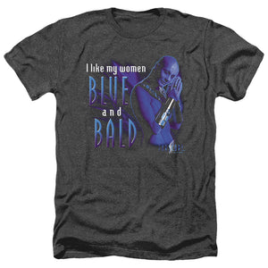 AN OFFCIALLY LICENSED FARSCAPE BLUE AND BALD MEN'S HEATHER T-SHIRT CHARCOAL