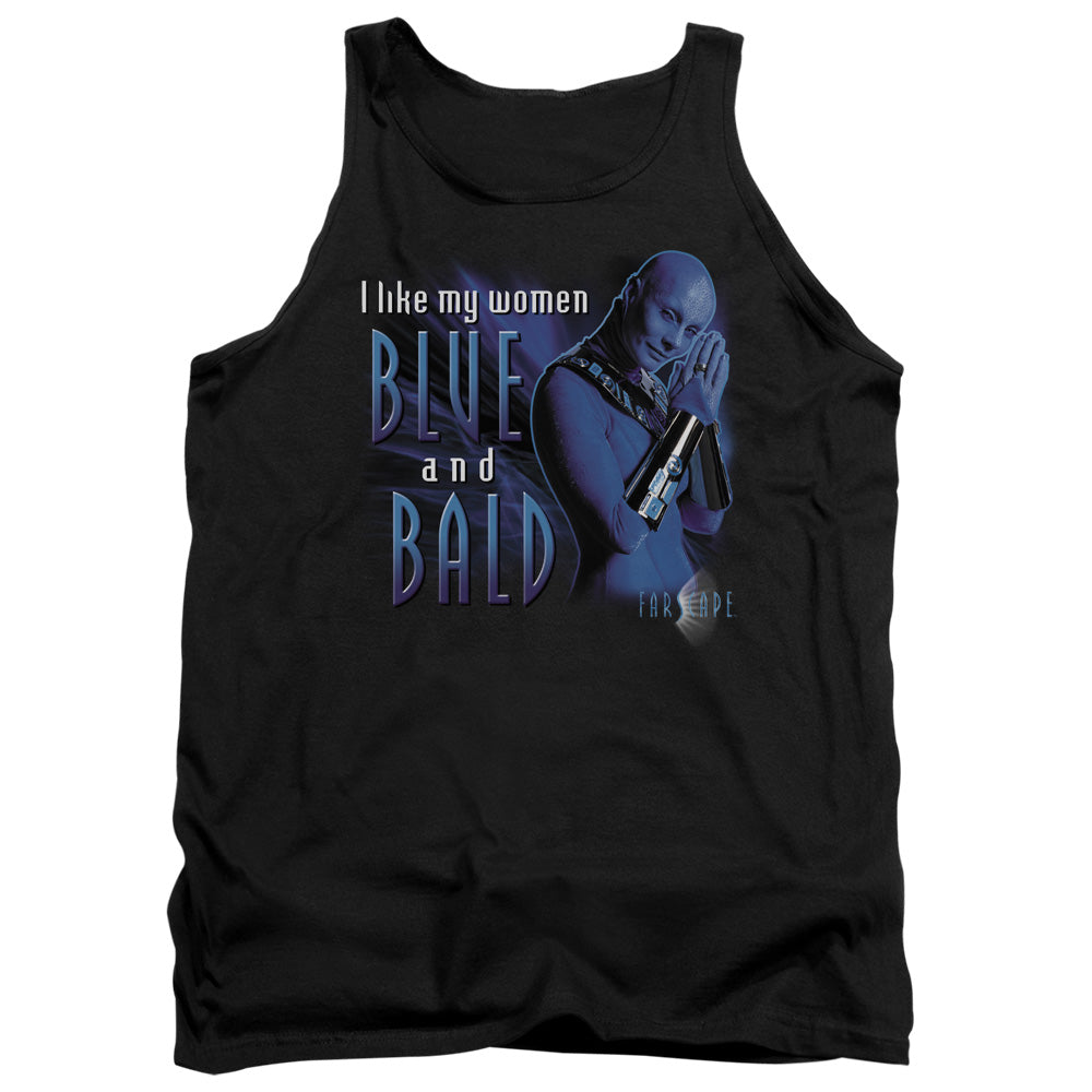 AN OFFCIALLY LICENSED FARSCAPE BLUE AND BALD ADULT UNISEX TANK TOP BLACK