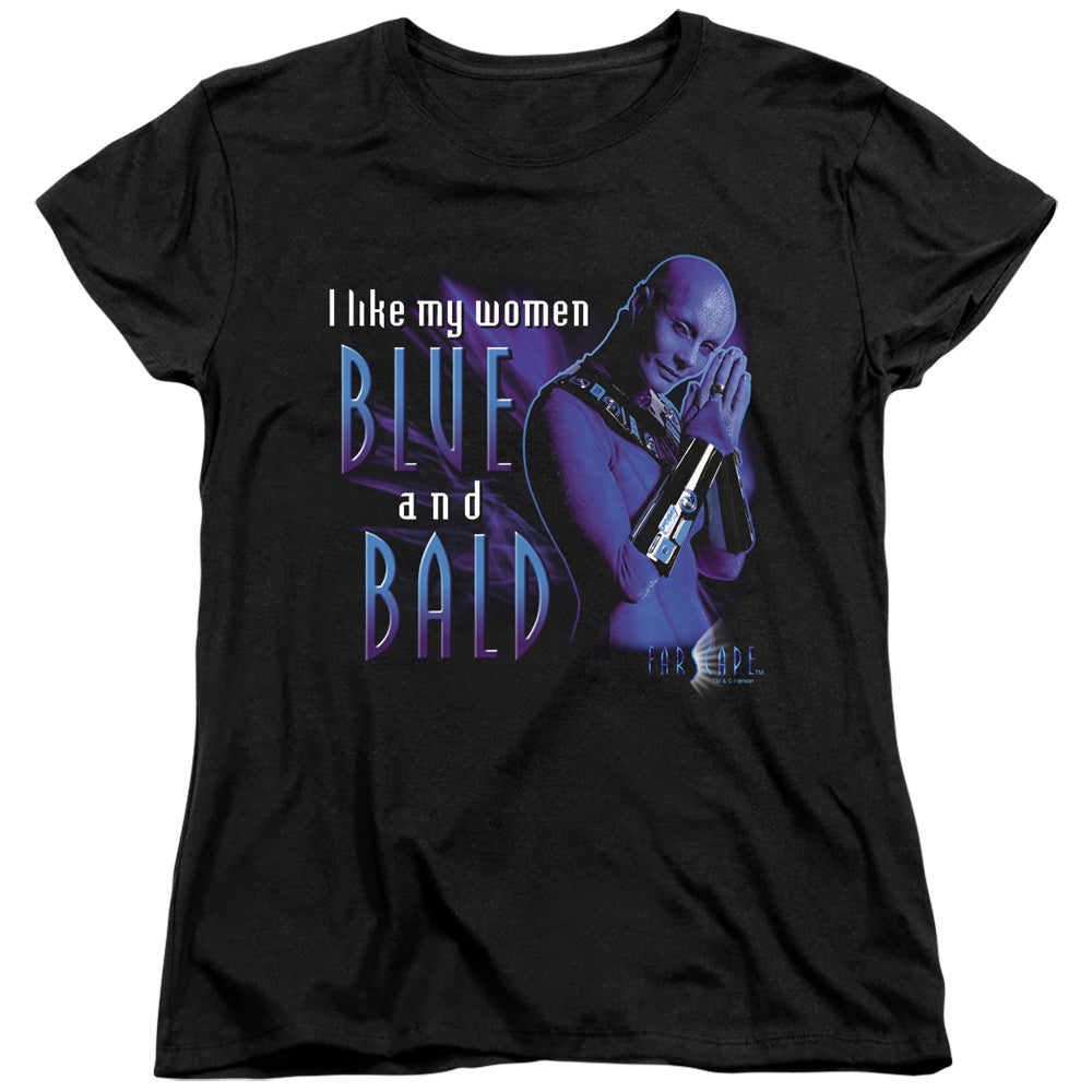 AN OFFCIALLY LICENSED FARSCAPE BLUE AND BALD WOMEN'S REGULAR FIT T-SHIRT BLACK