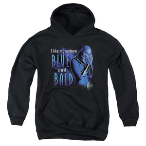 AN OFFCIALLY LICENSED FARSCAPE BLUE AND BALD YOUTH HOODIE BLACK