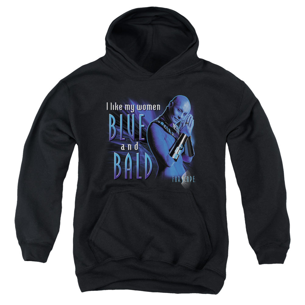 AN OFFCIALLY LICENSED FARSCAPE BLUE AND BALD YOUTH HOODIE BLACK
