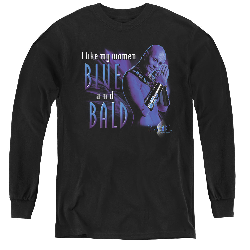 AN OFFCIALLY LICENSED FARSCAPE BLUE AND BALD YOUTH LONG SLEEVE T-SHIRT BLACK