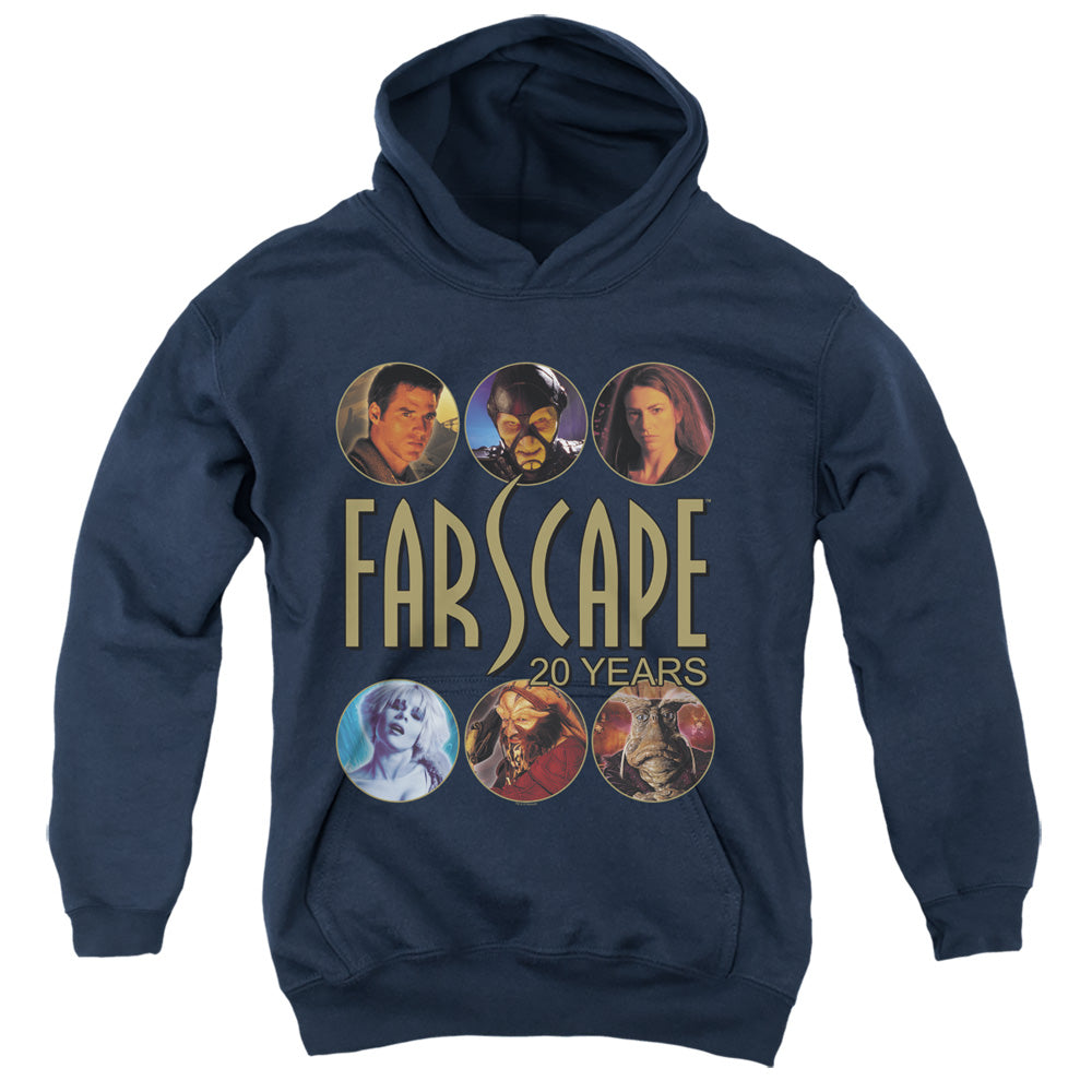 AN OFFCIALLY LICENSED FARSCAPE 20 YEARS YOUTH HOODIE NAVY