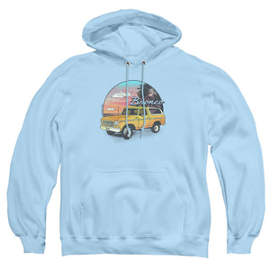 AN OFFCIALLY LICENSED FORD BRONCO BRONCO AT THE BEACH ADULT UNISEX PULLOVER HOODIE LIGHT BLUE