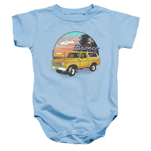 AN OFFCIALLY LICENSED FORD BRONCO BRONCO AT THE BEACH BABY BODYSUIT LIGHT BLUE