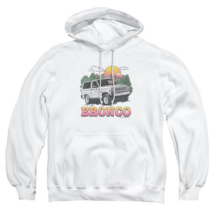 AN OFFCIALLY LICENSED FORD BRONCO BRONCO IN THE MOUNTAINS ADULT UNISEX PULLOVER HOODIE WHITE