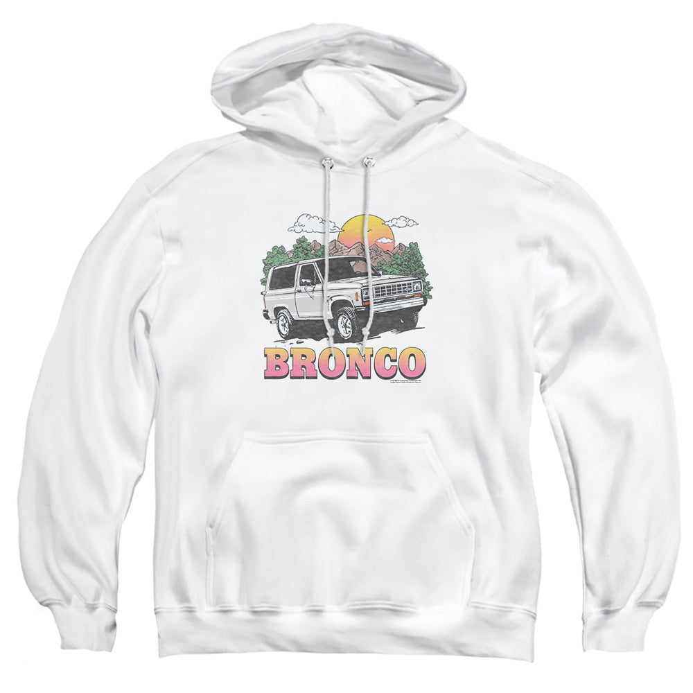 AN OFFCIALLY LICENSED FORD BRONCO BRONCO IN THE MOUNTAINS ADULT UNISEX PULLOVER HOODIE WHITE