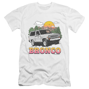 AN OFFCIALLY LICENSED FORD BRONCO BRONCO IN THE MOUNTAINS MEN'S PREMIUM SLIM FIT T-SHIRT WHITE