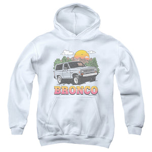 AN OFFCIALLY LICENSED FORD BRONCO BRONCO IN THE MOUNTAINS YOUTH HOODIE WHITE