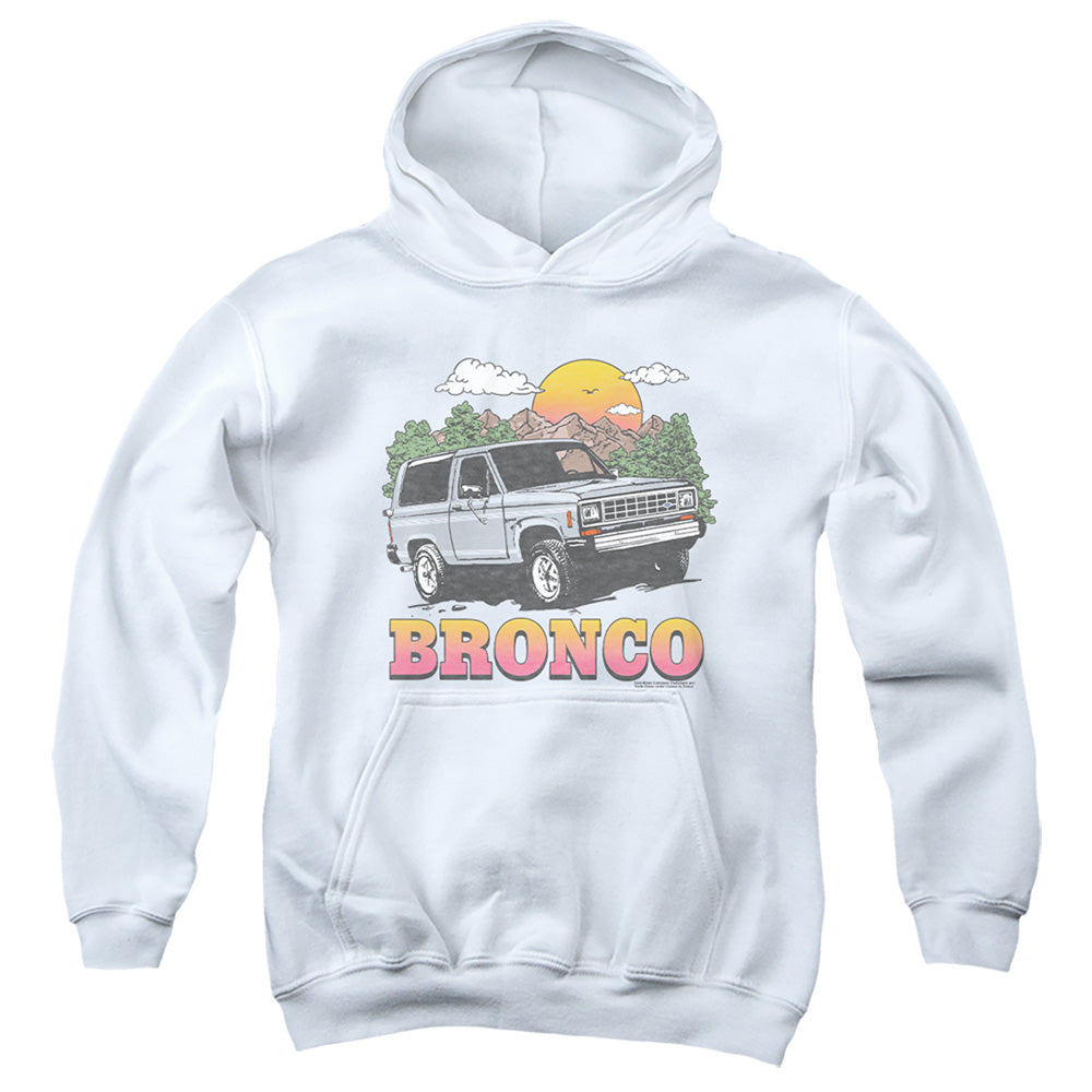 AN OFFCIALLY LICENSED FORD BRONCO BRONCO IN THE MOUNTAINS YOUTH HOODIE WHITE