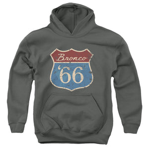 AN OFFCIALLY LICENSED FORD BRONCO ROUTE 66 BRONCO YOUTH HOODIE CHARCOAL