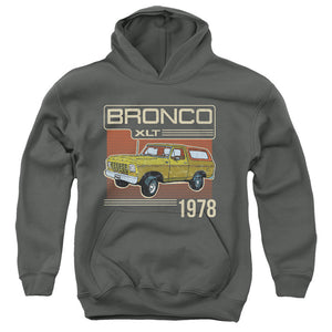 AN OFFCIALLY LICENSED FORD BRONCO BRONCO 1978 YOUTH HOODIE CHARCOAL