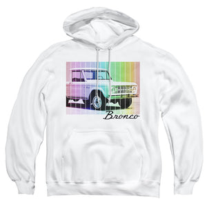 AN OFFCIALLY LICENSED FORD BRONCO RETRO RAINBOW ADULT UNISEX PULLOVER HOODIE WHITE
