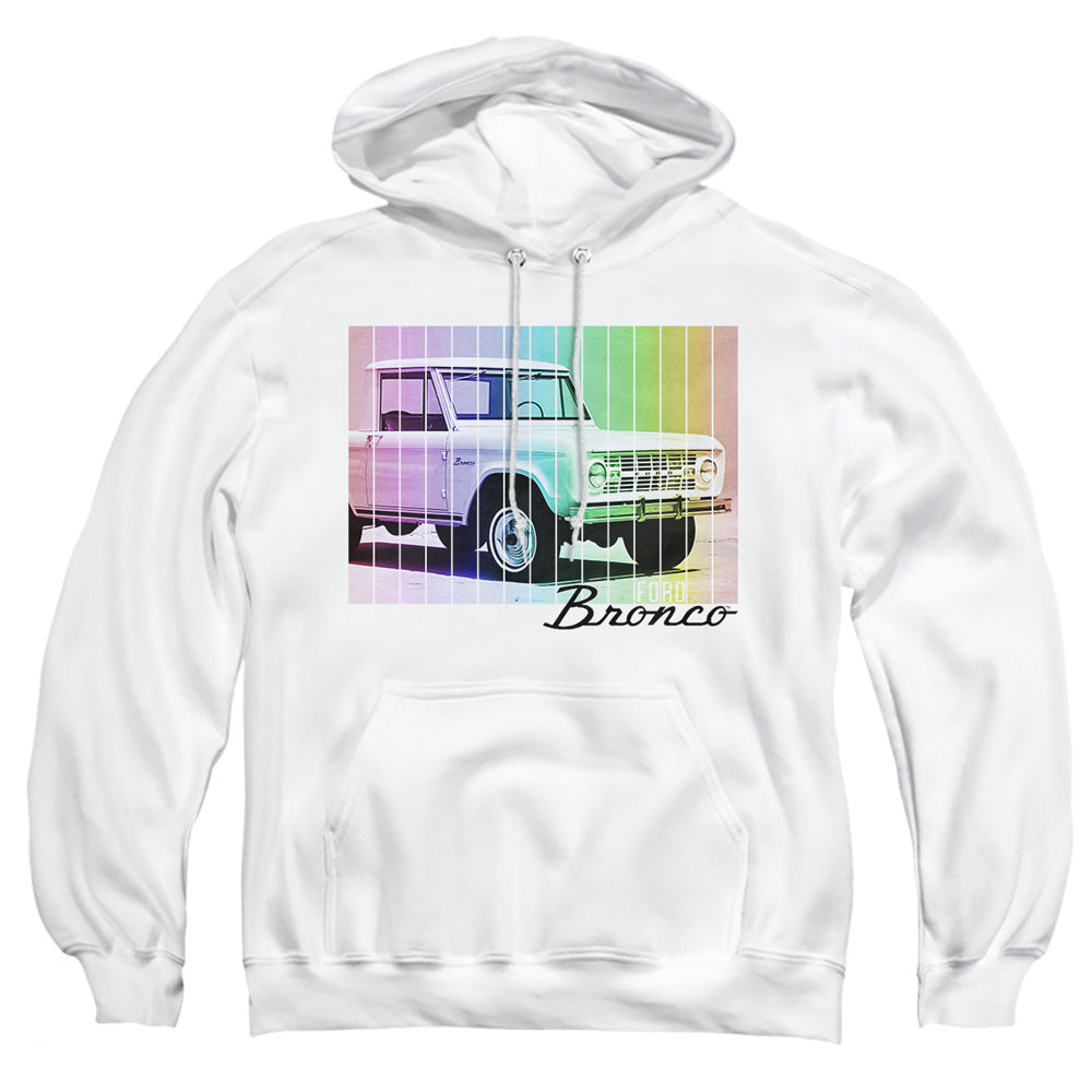 AN OFFCIALLY LICENSED FORD BRONCO RETRO RAINBOW ADULT UNISEX PULLOVER HOODIE WHITE