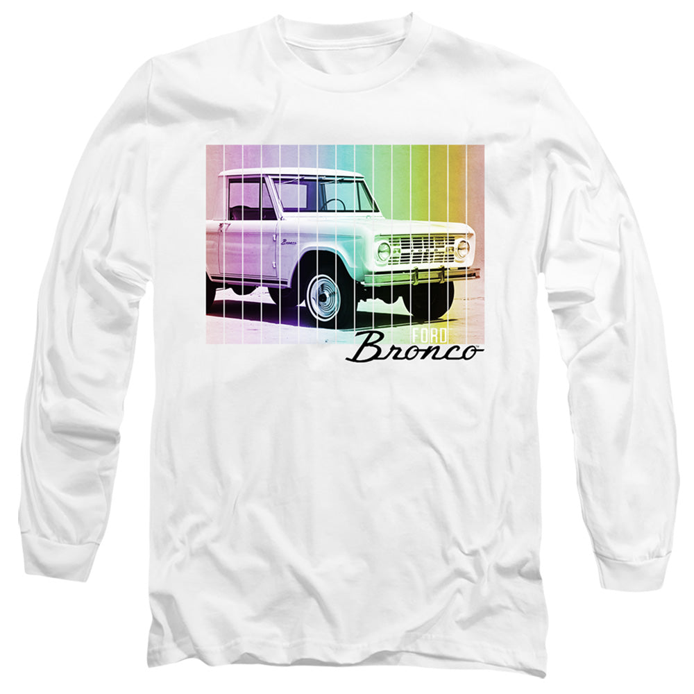 AN OFFCIALLY LICENSED FORD BRONCO RETRO RAINBOW MEN'S LONG SLEEVE T-SHIRT WHITE