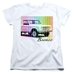 AN OFFCIALLY LICENSED FORD BRONCO RETRO RAINBOW WOMEN'S REGULAR FIT T-SHIRT WHITE