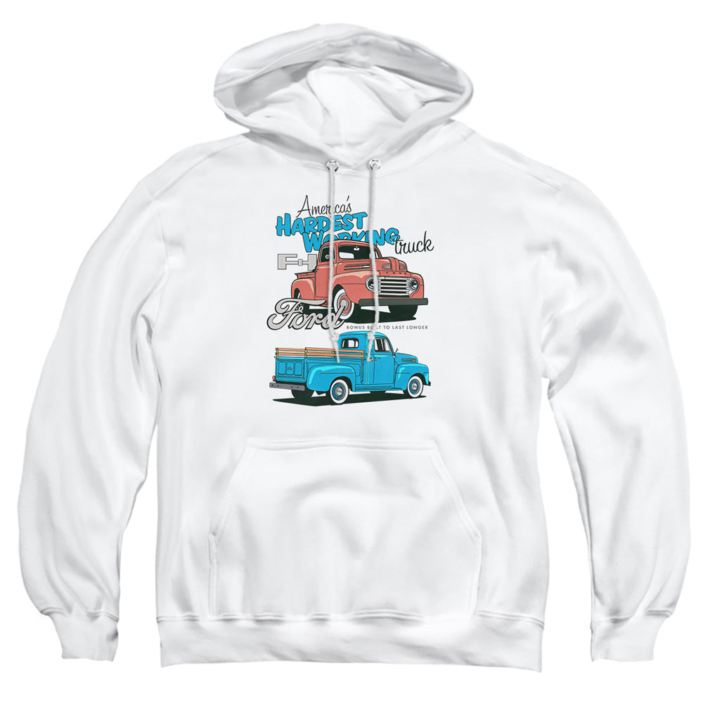 AN OFFCIALLY LICENSED FORD TRUCKS HARDEST WORKING ADULT UNISEX PULLOVER HOODIE WHITE