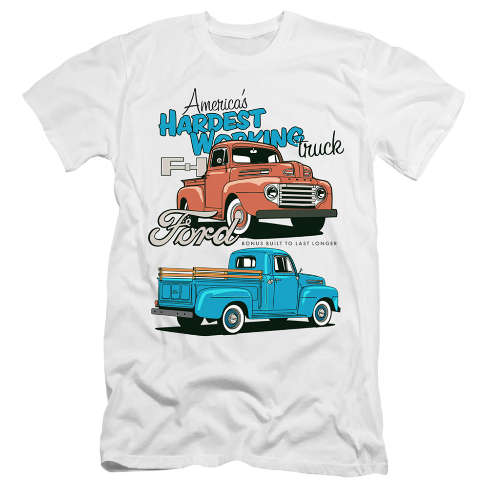 AN OFFCIALLY LICENSED FORD TRUCKS HARDEST WORKING MEN'S PREMIUM SLIM FIT T-SHIRT WHITE