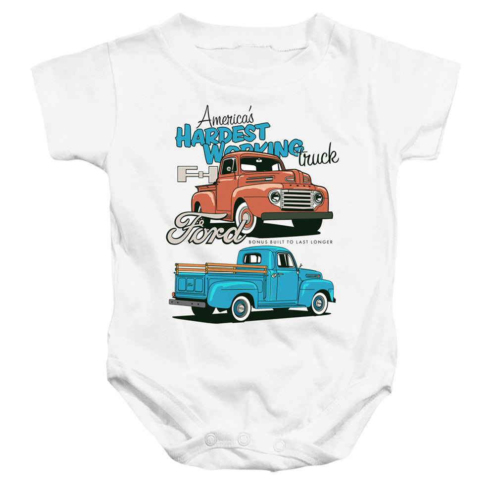 AN OFFCIALLY LICENSED FORD TRUCKS HARDEST WORKING BABY BODYSUIT WHITE