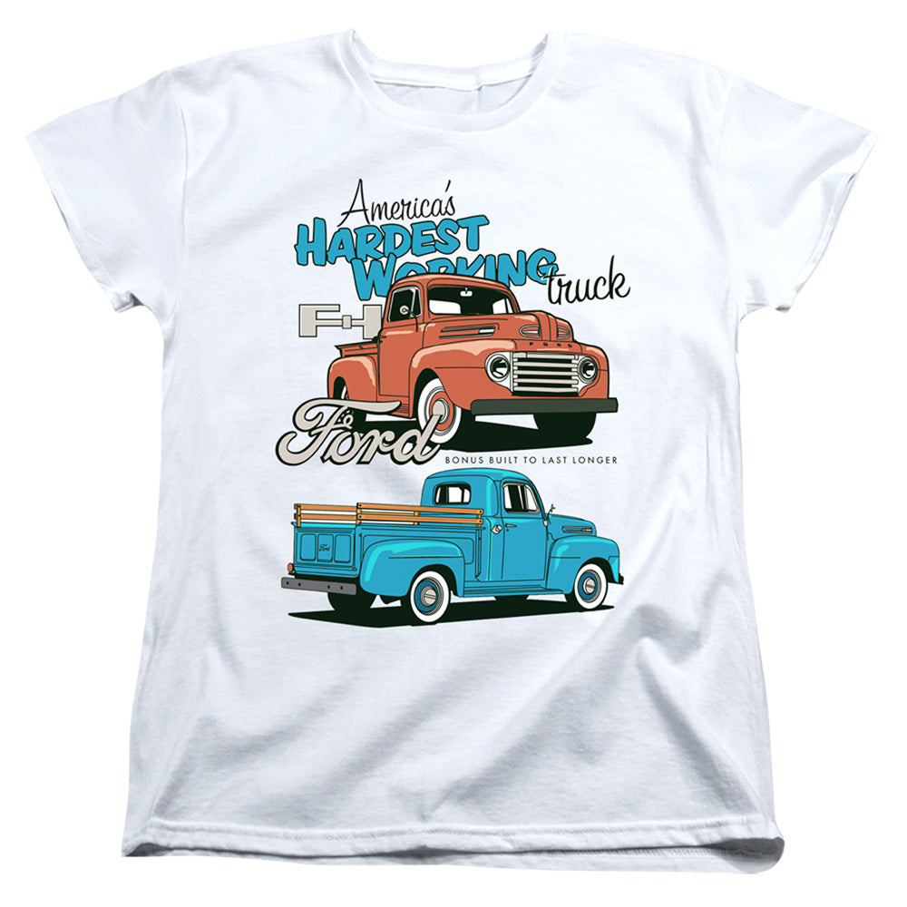 AN OFFCIALLY LICENSED FORD TRUCKS HARDEST WORKING WOMEN'S REGULAR FIT T-SHIRT WHITE