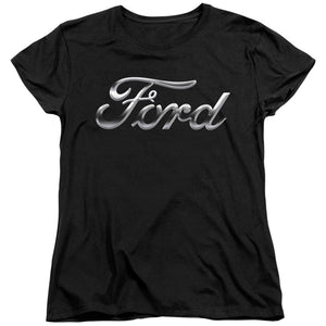 AN OFFCIALLY LICENSED FORD CHROME FORD LOGO WOMEN'S REGULAR FIT T-SHIRT BLACK