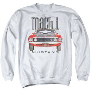 AN OFFCIALLY LICENSED FORD MUSTANG 69 MACH 1 ADULT UNISEX CREWNECK SWEATSHIRT WHITE