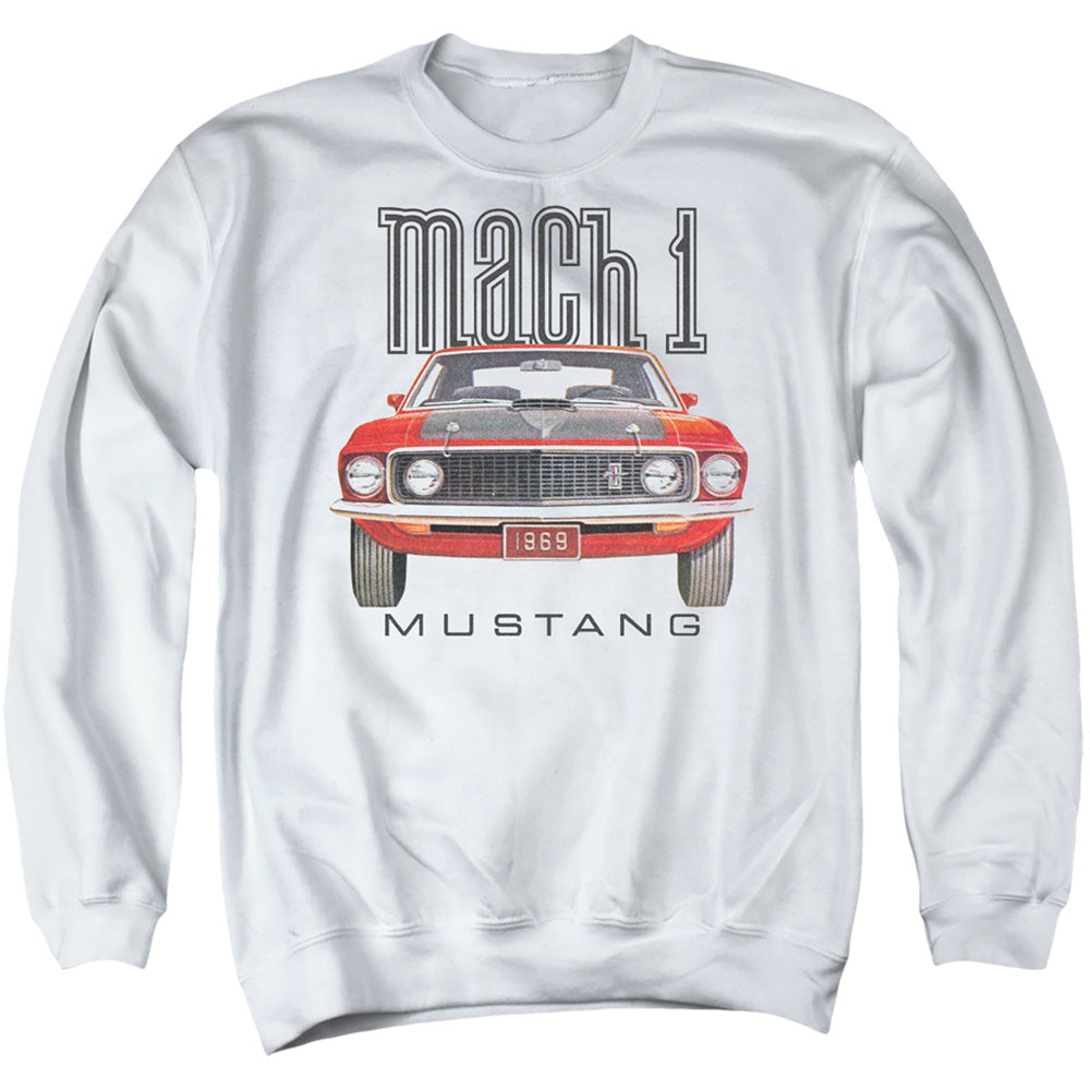 AN OFFCIALLY LICENSED FORD MUSTANG 69 MACH 1 ADULT UNISEX CREWNECK SWEATSHIRT WHITE