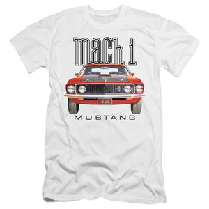 AN OFFCIALLY LICENSED FORD MUSTANG 69 MACH 1 MEN'S PREMIUM SLIM FIT T-SHIRT WHITE