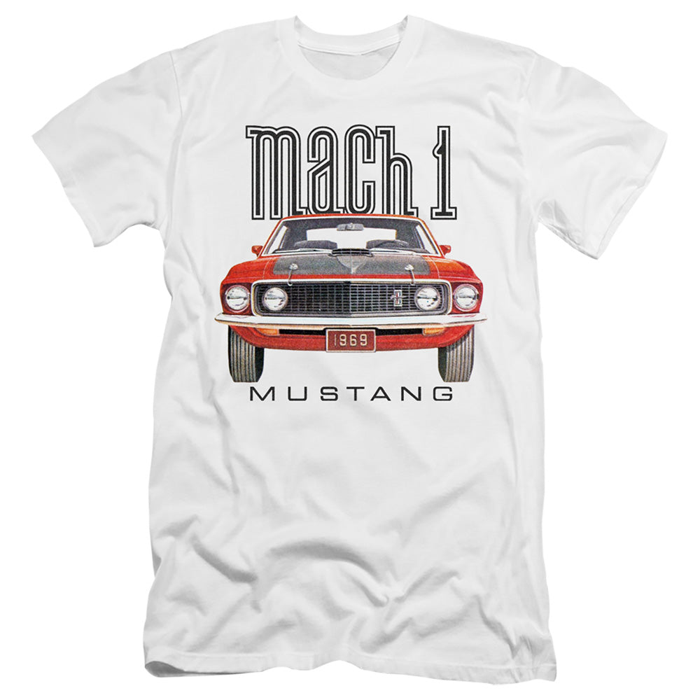 AN OFFCIALLY LICENSED FORD MUSTANG 69 MACH 1 MEN'S PREMIUM SLIM FIT T-SHIRT WHITE
