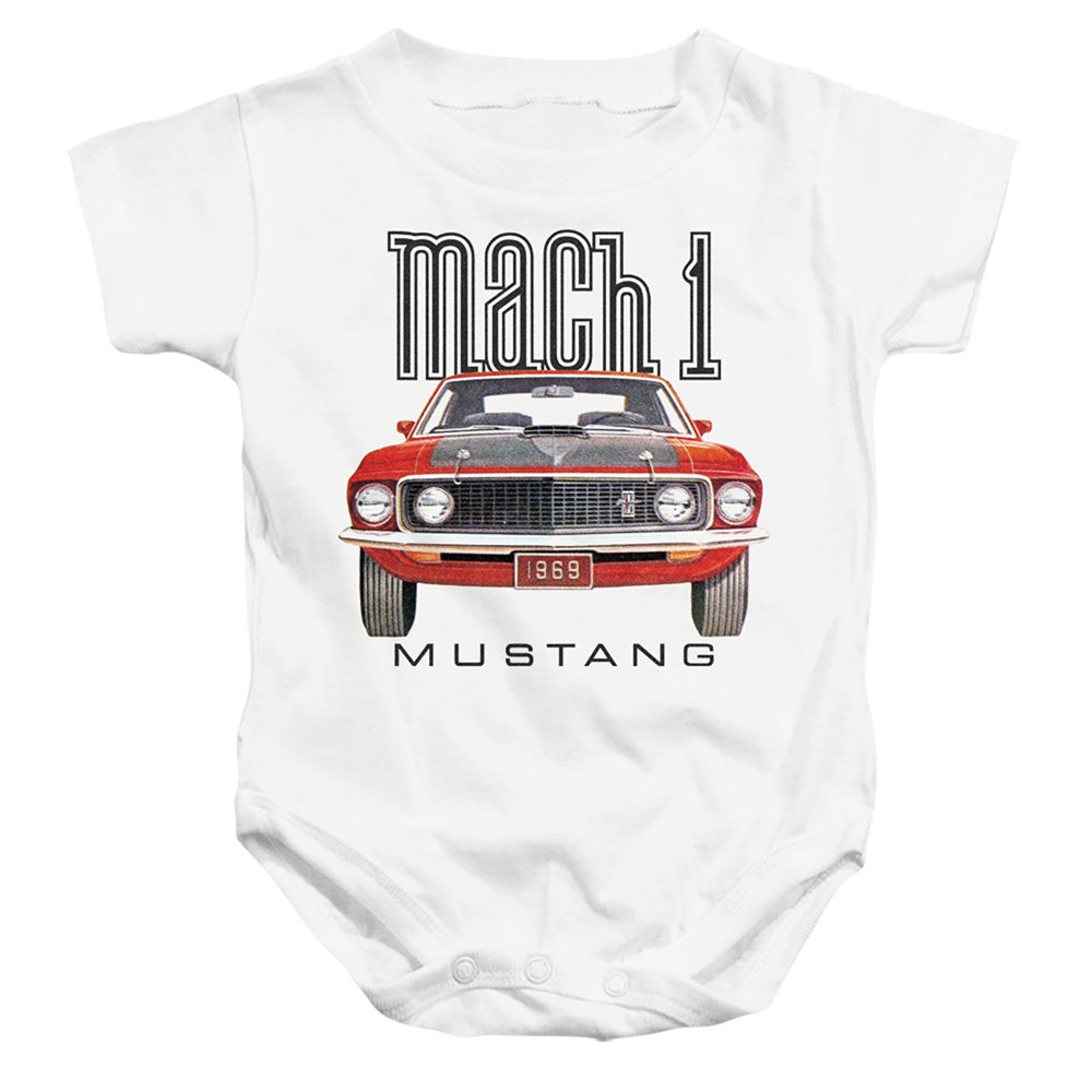 AN OFFCIALLY LICENSED FORD MUSTANG 69 MACH 1 BABY BODYSUIT WHITE