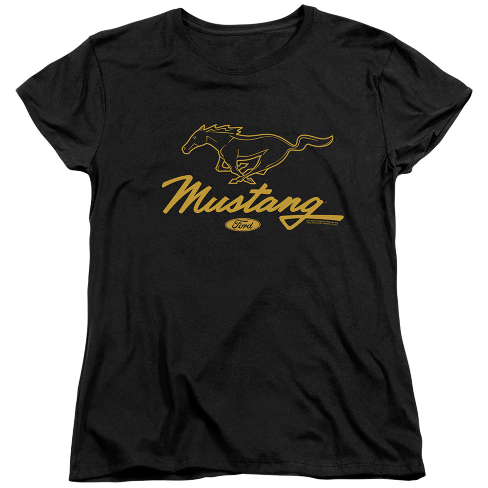 AN OFFCIALLY LICENSED FORD MUSTANG PONY SCRIPT WOMEN'S REGULAR FIT T-SHIRT BLACK