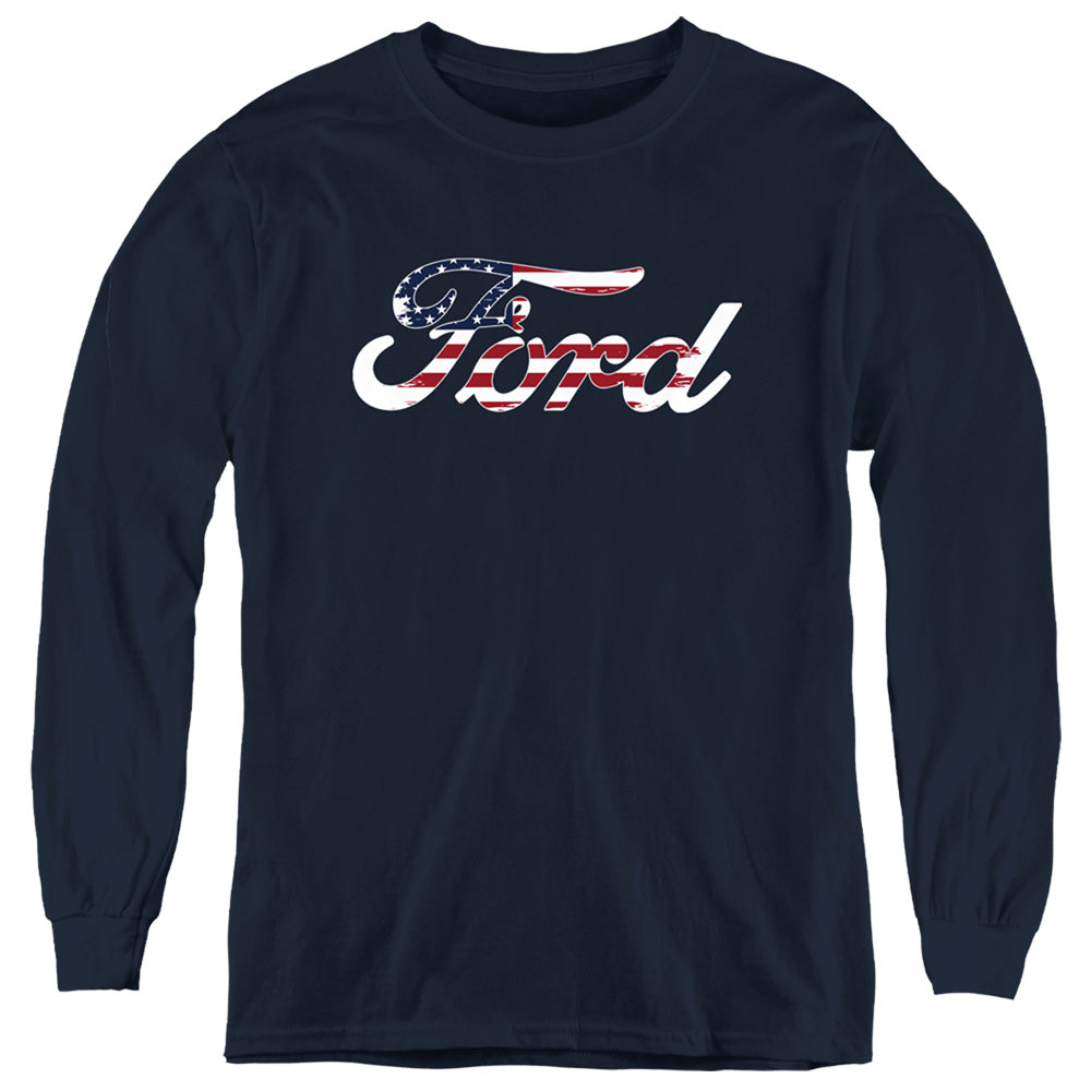 AN OFFCIALLY LICENSED FORD FLAG LOGO YOUTH LONG SLEEVE T-SHIRT NAVY