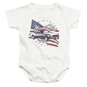 AN OFFCIALLY LICENSED FORD MUSTANG 70 MUSTANG BABY BODYSUIT WHITE