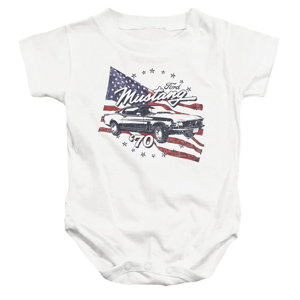 AN OFFCIALLY LICENSED FORD MUSTANG 70 MUSTANG BABY BODYSUIT WHITE