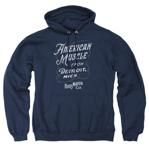 AN OFFCIALLY LICENSED FORD AMERICAN MUSCLE CLASSIC SCRIPT ADULT UNISEX PULLOVER HOODIE NAVY