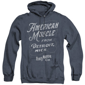 AN OFFCIALLY LICENSED FORD AMERICAN MUSCLE CLASSIC SCRIPT ADULT UNISEX HEATHER PULLOVER HOODIE NAVY