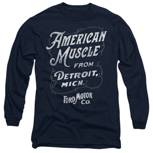 AN OFFCIALLY LICENSED FORD AMERICAN MUSCLE CLASSIC SCRIPT MEN'S LONG SLEEVE T-SHIRT NAVY