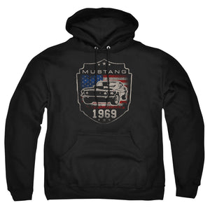 AN OFFCIALLY LICENSED FORD MUSTANG 1969 FLAG ADULT UNISEX PULLOVER HOODIE BLACK