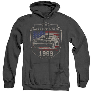 AN OFFCIALLY LICENSED FORD MUSTANG 1969 FLAG ADULT UNISEX HEATHER PULLOVER HOODIE BLACK