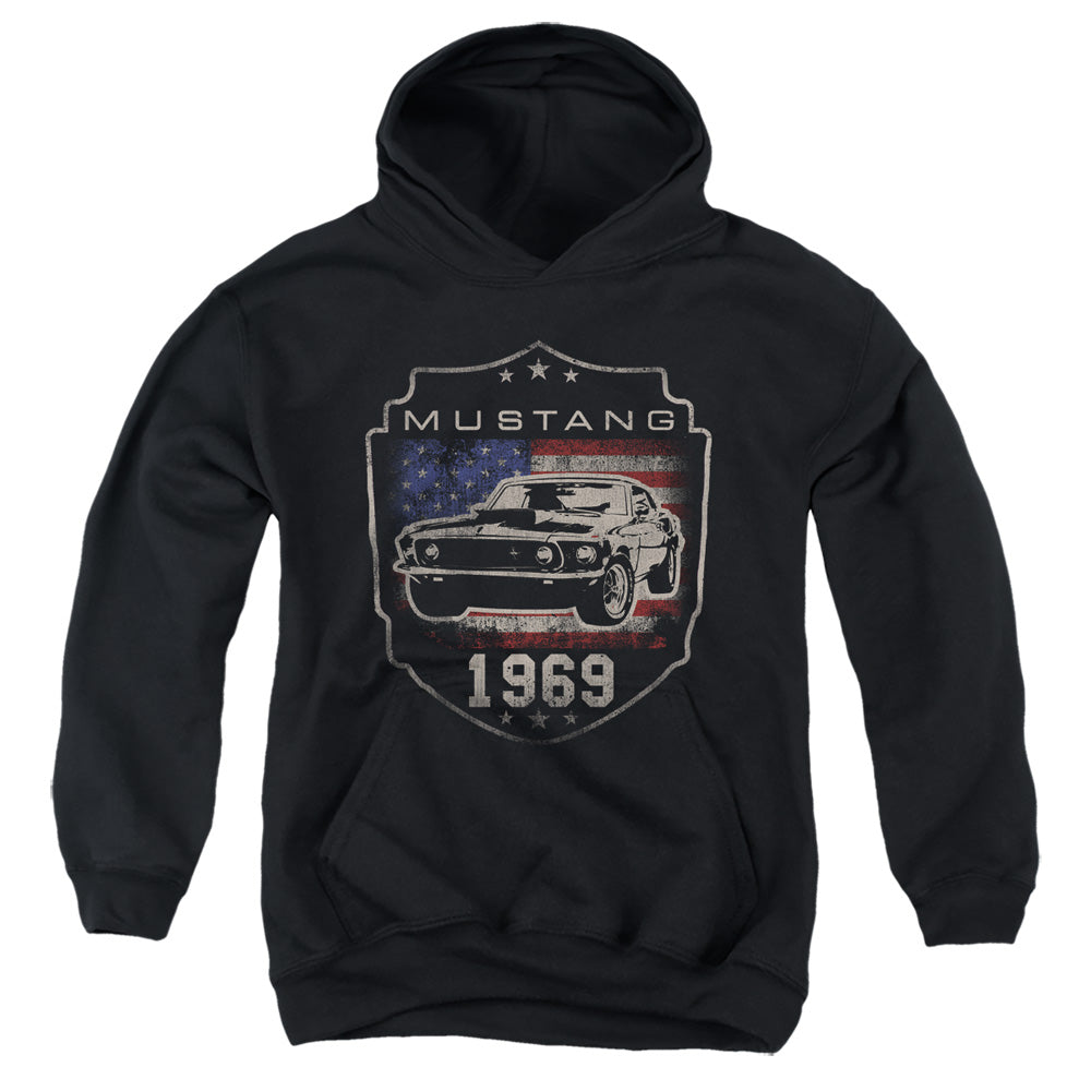AN OFFCIALLY LICENSED FORD MUSTANG 1969 FLAG YOUTH HOODIE BLACK