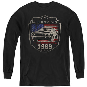 AN OFFCIALLY LICENSED FORD MUSTANG 1969 FLAG YOUTH LONG SLEEVE T-SHIRT BLACK