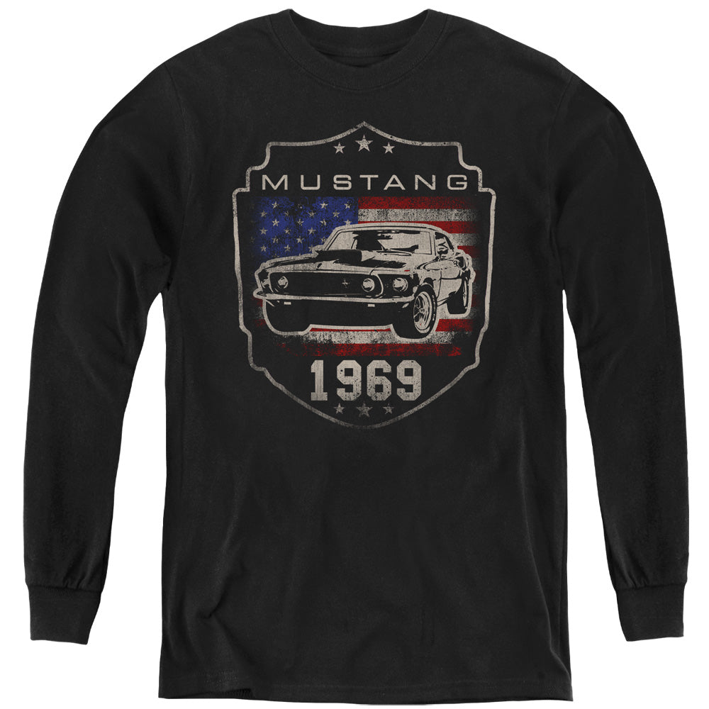AN OFFCIALLY LICENSED FORD MUSTANG 1969 FLAG YOUTH LONG SLEEVE T-SHIRT BLACK