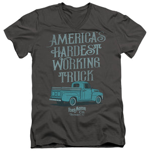 AN OFFCIALLY LICENSED FORD VINTAGE AMERICA'S HARDEST WORKING TRUCK MEN'S V-NECK T-SHIRT CHARCOAL