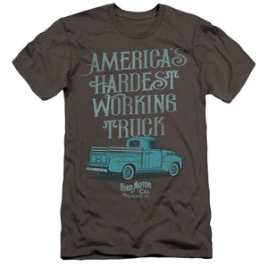 AN OFFCIALLY LICENSED FORD VINTAGE AMERICA'S HARDEST WORKING TRUCK MEN'S PREMIUM SLIM FIT T-SHIRT CHARCOAL