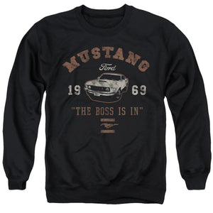 AN OFFCIALLY LICENSED FORD MUSTANG MUSTANG THE BOSS IS IN ADULT UNISEX CREWNECK SWEATSHIRT BLACK