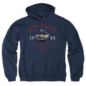 AN OFFCIALLY LICENSED FORD MUSTANG MUSTANG THE BOSS IS IN ADULT UNISEX PULLOVER HOODIE NAVY