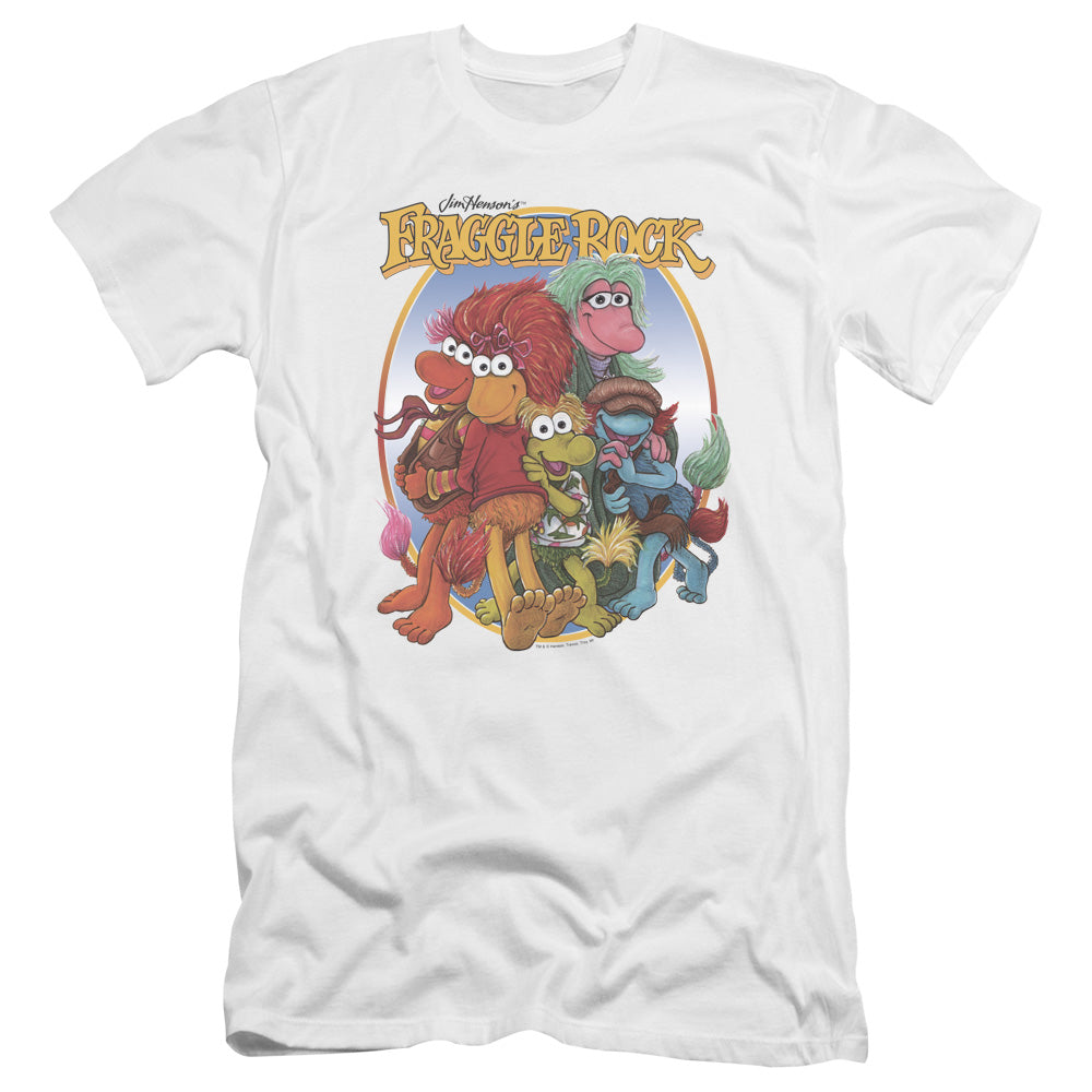 AN OFFCIALLY LICENSED FRAGGLE ROCK GROUP HUG MEN'S PREMIUM SLIM FIT T-SHIRT WHITE
