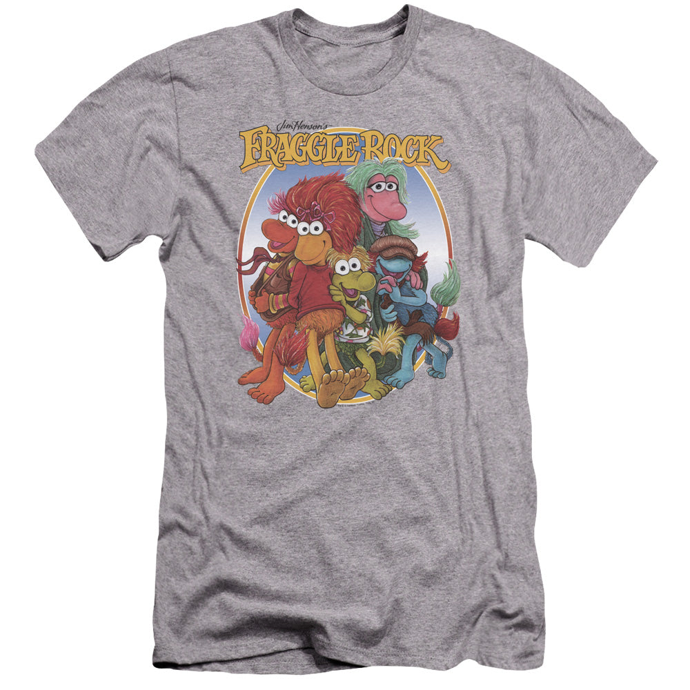 AN OFFCIALLY LICENSED FRAGGLE ROCK GROUP HUG MEN'S PREMIUM SLIM FIT T-SHIRT ATHLETIC HEATHER