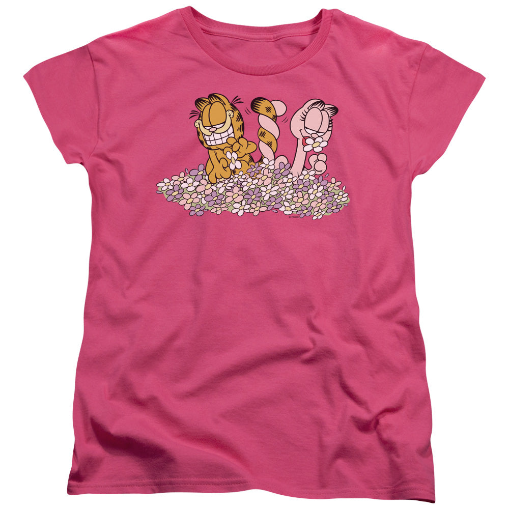 AN OFFCIALLY LICENSED GARFIELD CHICKS DIG FLOWERS WOMEN'S REGULAR FIT T-SHIRT HOT PINK